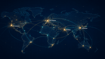 Global network map with glowing nodes at major cities (Los Angeles, Rotterdam, Mumbai, Shanghai) connected by curved lines showing worldwide connectivity.