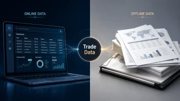 Split-screen showing online data dashboard on a laptop left and stacked paper reports on the right, centered by a glowing 'Trade Data' circle.