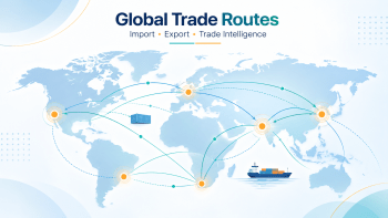 World map showing global import-export trade data routes and shipping lanes in 2026
