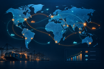 World map showing import export data flows and global trade shipment routes between countries